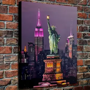 1 Piece Framed Canvas Wall Art - Swallow Tail Light Statue of Liberty and New York Skyline Painting, 11.8x 15.7inch (30x 40cm ) Vibrant Purple Pink Cityscape, Living Room Office Study Area with Recycled Wood Frame