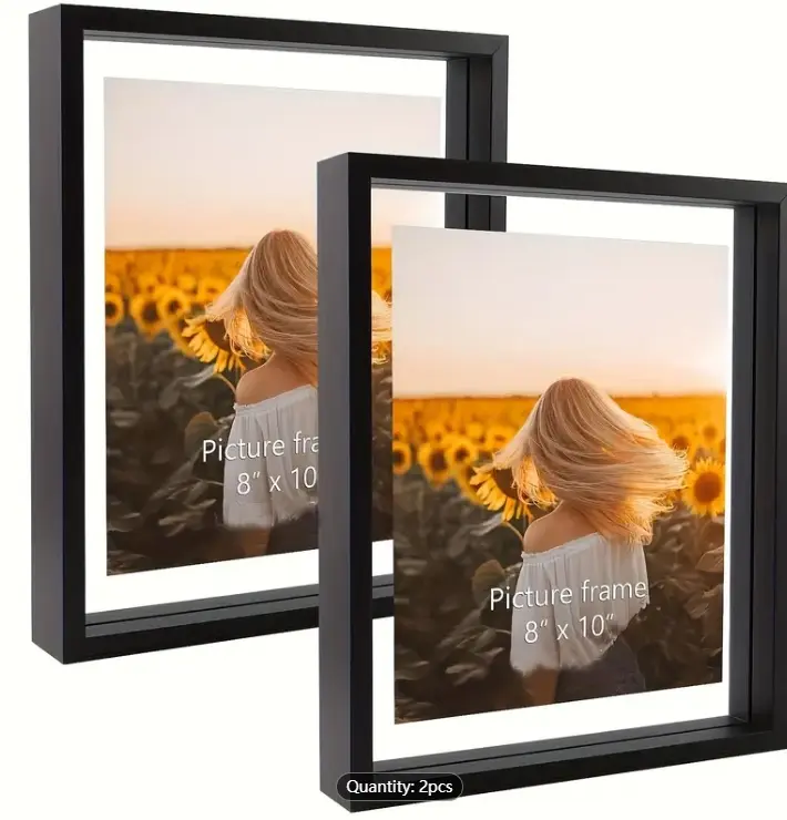 2 Pack 8x10 Black Floating Picture Frames, Double Glass Side Floating Photo Frame Displays Photo Up To 10x12 For Table Top Wall Hanging
