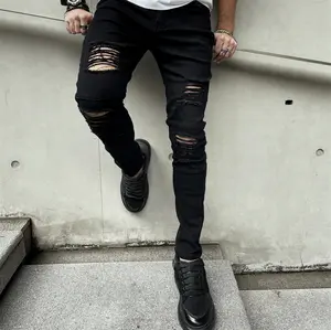Men Stylish Ripped Spliced Stretch Skinny Jeans Trousers Male HipHop Street Style Black Holes Pencil Denim Pants