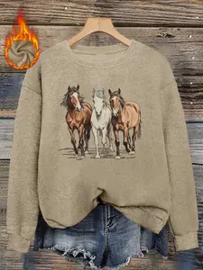 Western Horse Print Plus Size Women's Faux Sweater, Long Sleeve Round Neck Pullover, Soft Elastic Fabric, Casual Fall & Winter Top