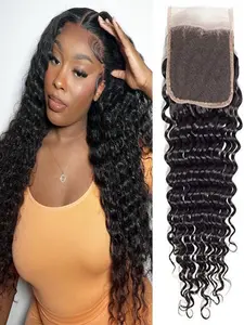 Deep Wave HD Lace Closure Human Hair Closure Invisible Ultra-thin 4x4 Lace Closure Brazilian Raw Virgin Human Hair Pre Plucked Natural Black ,150% Density Lace Frontal