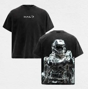 Halo Master Chief Metal Armor Graphic Vintage Wash Oversized T-Shirt Retro 90s Bootleg Style Gamer Streetwear Aesthetic Distressed Black Tee
