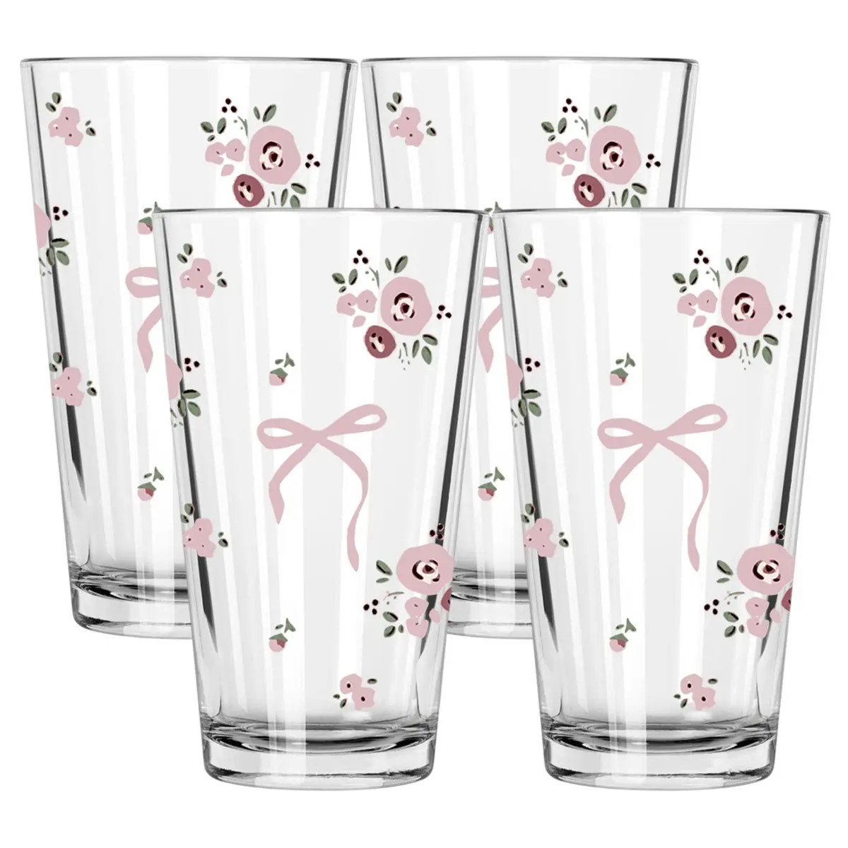 Bow&Rose Pattern Drinking Glasses Tumblers, Home Transparent Glass Cup for Coffee Drinks Beer Juice Cocktails, 1/4 Piece Set, Iced Drink Cups