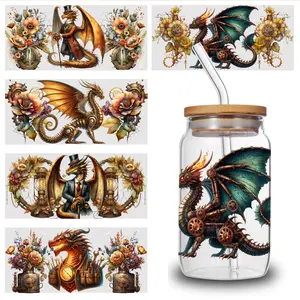 5 Sheets Steampunk Dragon uv dtf transfer sticker Peonies Mug Decoration Gift Faithful Symbols Hopeful Quotes Glass DTF Transfer Stickers Flowers series graffiti