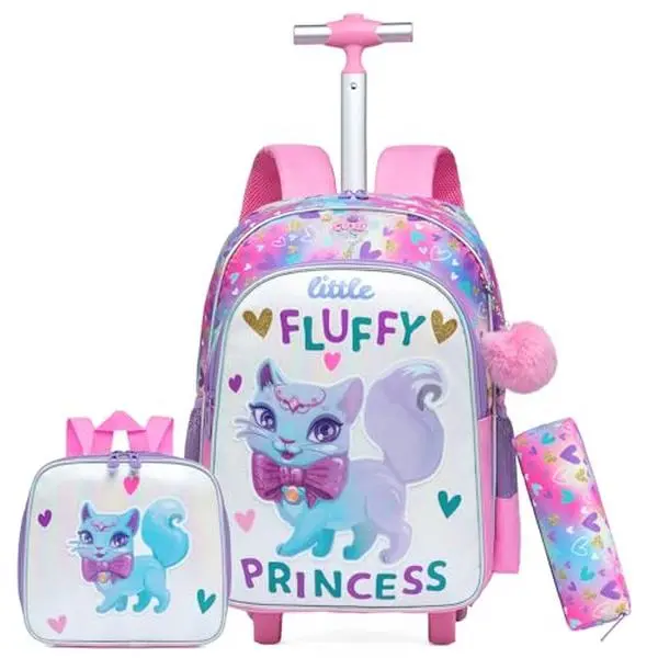 Girls' Kawaii Cat Princess 3-Piece Nylon Trolley Backpack Set - Pink Elementary Student Rolling Booksack, Insulated Lunch Box, Smooth-Zipper Pencil Case, Chic Child-Friendly Luggage, Back to School Haul, Kawaii Backpack, Inline Skate
