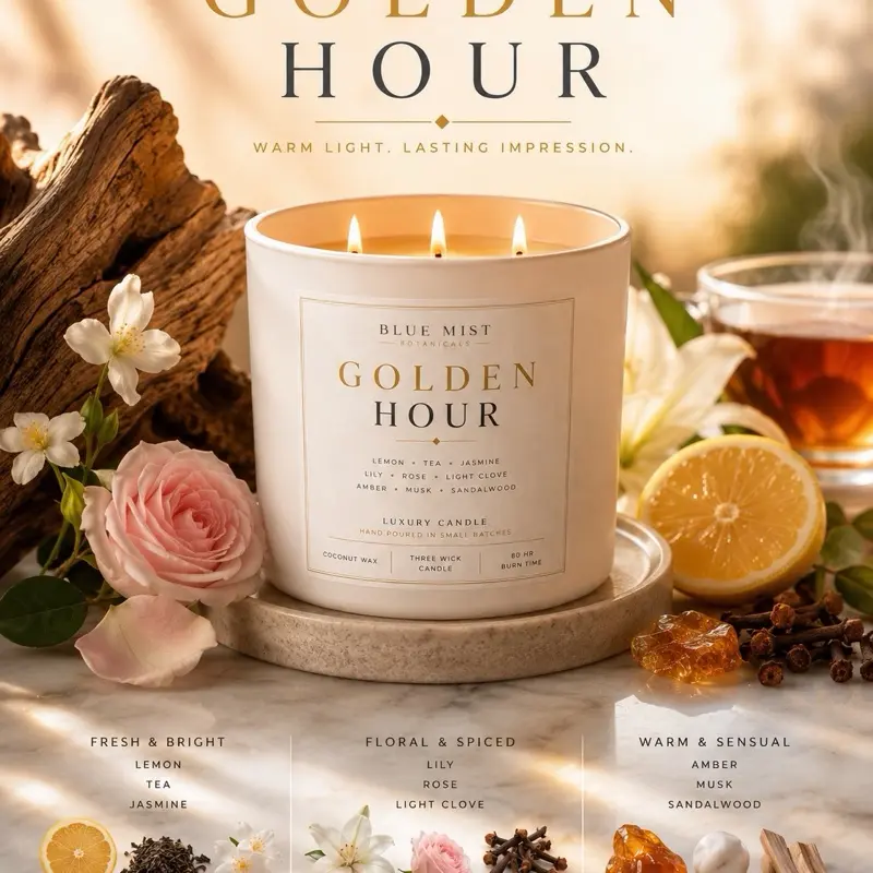 Luxury 3-Wick Scented Candle, Golden Hour Fragrance, Home Decor Accent