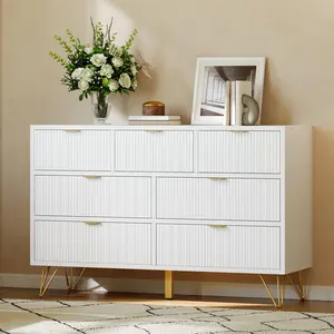 Garvee 7 Drawer Dresser, 47.2" Wide Modern White Wooden Chest with Gold Metal Legs and Handles, Narrow Storage Organizer for Bedroom, Living Room, Hallway, and Entryway