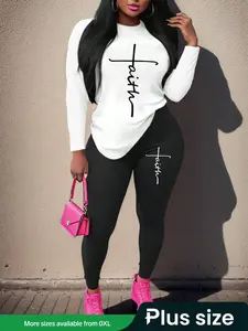 【Plus Size】 Two-Piece Set  Tee & Skinny Pants, Casual Round Neck Long Sleeve Top & Trousers for Daily Wear, Women's Two-piece Outfits for Spring & Fall