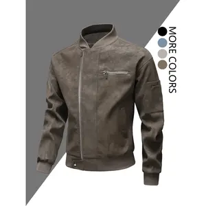 Men's Vintage Simple Jacket, PU Suede Texture, Baseball Collar Design, Loose Fit, Fall & Winter Street Style, Casual Daily Wear