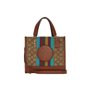 COACH Dempsey 22 Classic Monogram Stripe Small Tote Bag for Women, Fabric and Leather Blend, Brown