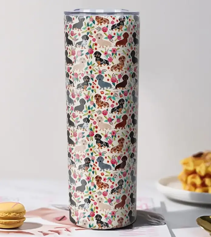 Dachshund 20oz Skinny Tumbler, Wiener Dog Stainless Steel Vacuum Insulated Coffee Cup, Hot & Cold Travel Tumbler, Cute Doxie Lover Gift for Women & Men