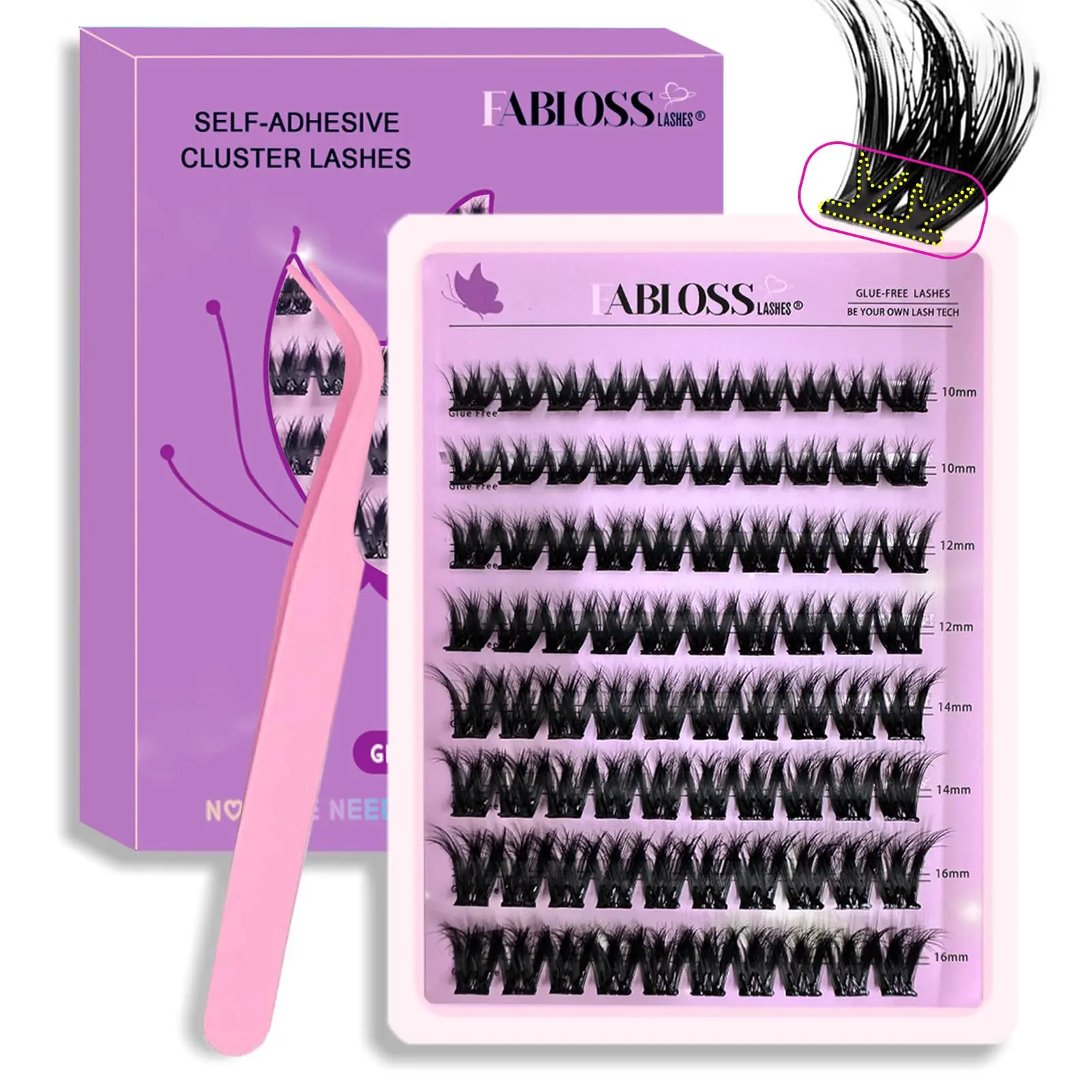 Self Adhesive Eyelashes 80Pcs Press on Lashes Pre-Glued Reusable Natural Self Adhesive Cluster No Glue No Remover DIY Lash Clusters Kit with Tweezers 10-16MM
