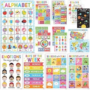 BEAWART 18 Laminated Educational Posters for Toddlers Preschool Classroom Kindergarten Wall Decor PreK Learning Materials Alphabet Number Chart Colors Good Manners Numbers Time Shapes Money Emotions Days of the Week Seasons Weather Months of the Year