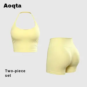 Aoqta Women's 2-Piece Yoga Set Halter Neck Yoga Set Sexy Slim Fit Butt-Lift Ruched Crop Top & High-Waisted Shorts Stretch Activewear for Gym Streetwear Daily  Comfortable Breathable Workout Sets for Women, Ideal for Gym & Loungewear