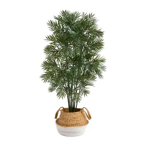 Nearly Natural 4' Parlor Palm in White Woven Planter
