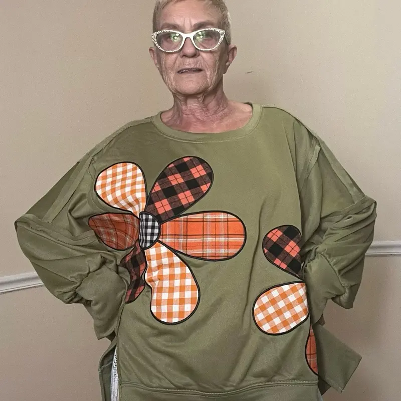 Top Plaid Mix Flowers Patchwork Cut Edge Detail French Terry Sweatshirt in Olive Green with Bold Plaid Accents