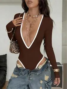 Women's Colorblock V-Neck Long Sleeve Fitted Bodysuit, Fall & Winter New, Fashionable Y2K Street Style, Wrap Type, Plain Pattern