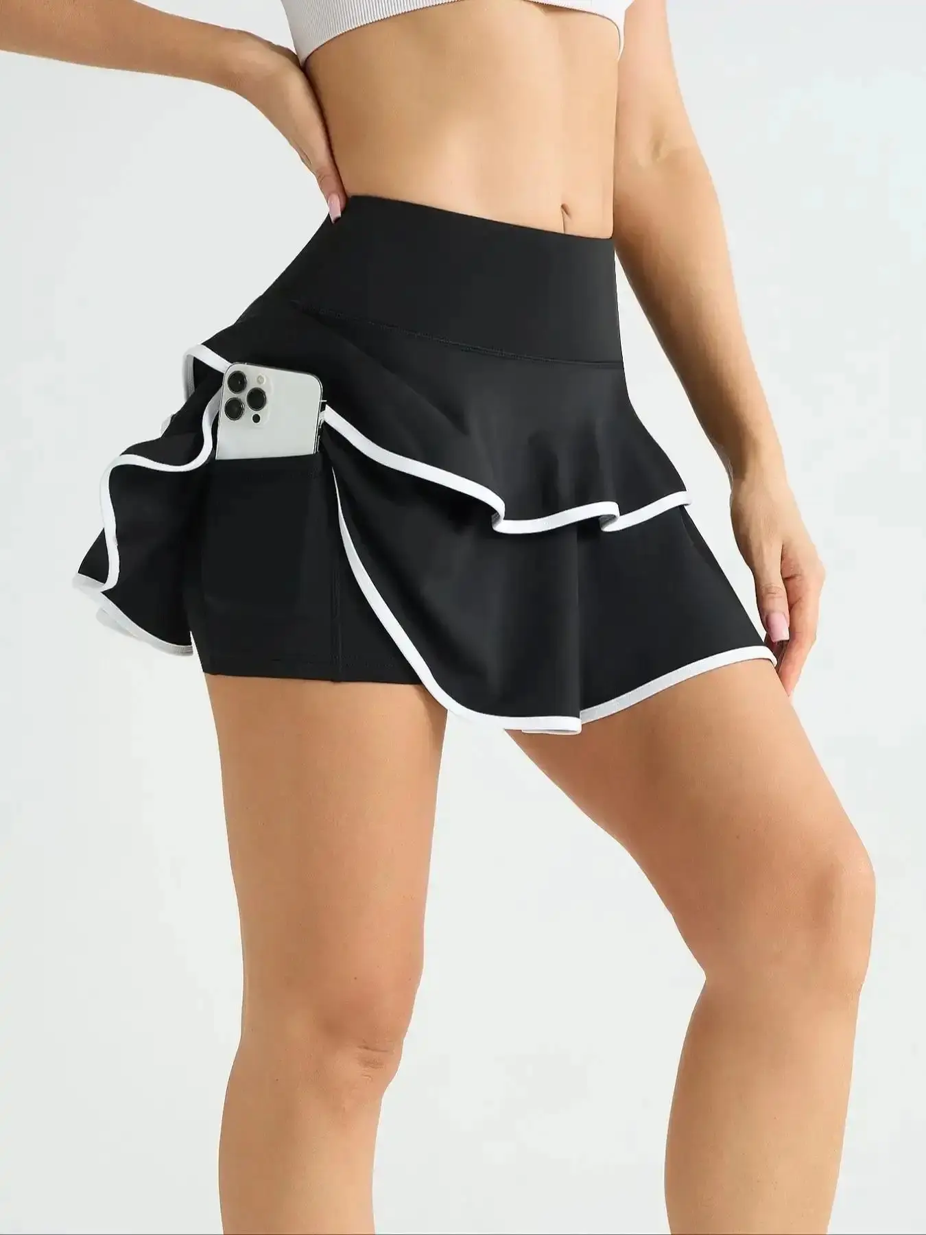 Refined Sporty Women's Colorblock 2 in 1 Ruffle Trim Sports Skort Loungewear Style, Workout Skirts, Athletic Skorts, Breathable Casual Comfy for Gym Running, Ladies Sportswear for Summer, Beach Ready, Athleisure, Office