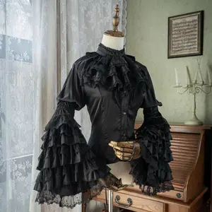 Fashion Heavy Lolita Shirt Women Lace Patchwork Fungus Flare Sleeve Blouses 2025 Spring Autumn New Bottoming  Tops Mujer