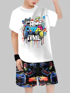 Boys Street Game Style Two-Piece Set, Background Graffiti Design, Casual Fitted Crop Top & Shorts, Youth Fashion, Clothing Set