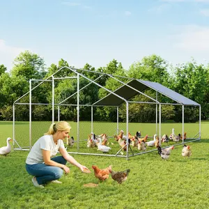 Large Metal Chicken Coop, Outdoor Chicken Runs for Yard with Cover, Spire Roof Hen House Enclosure with Security Lock, Walk-in Cage Peak Hen House for Yard Farm