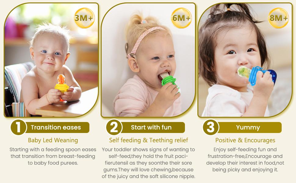 3 Pack Baby Fruit Feeder & Fresh Food Pacifier – Silicone Teething Feeder for Babies, Toddlers & Infants, Baby Solid Food Pacifier, Teether Essentials for Kids