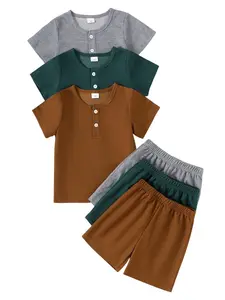 6-Piece 3-Color Boys' Toddler Waffle-Weave T-Shirt and Shorts Set Minimalist Casual Style Henley Neck Design Essential Versatile Piece Elastic Waistband Summer Everyday Outfit Clothing Sets