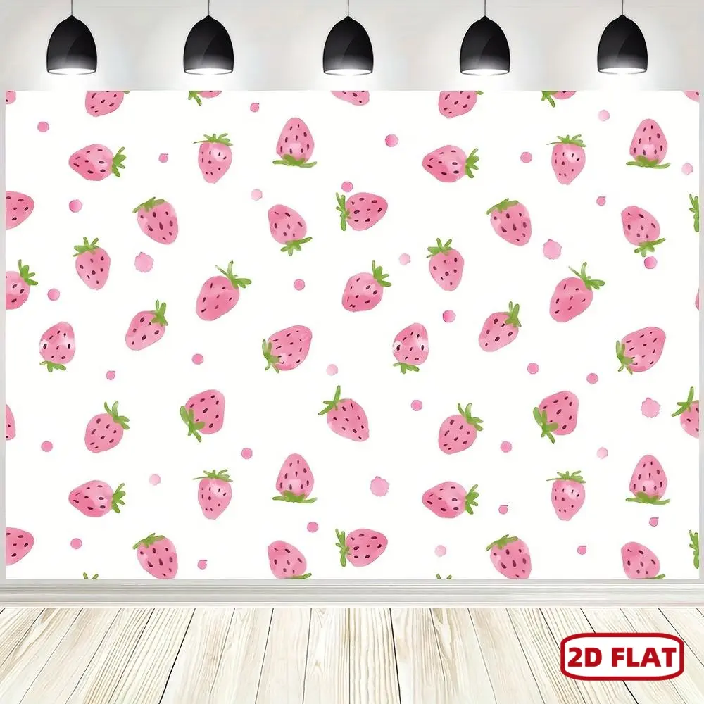 1-Piece Polyester Backdrop with 2D Flat Strawberry Letter Pattern, Pink Watercolor Happy Birthday & Baby Shower Decor for Background Wall, Dessert Table Props, One-Piece