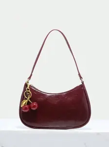 Women's Simple Style Plain Color Moon Shaped Shoulder Bag, Casual Trendy Novelty Pu Leather Handheld Bag, Fashionable Hobo Bag for Daily Use, Cherry Pendant