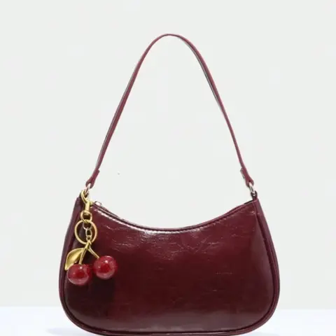 Women's Simple Style Plain Color Moon Shaped Shoulder Bag, Casual Trendy Novelty Pu Leather Handheld Bag, Fashionable Hobo Bag for Daily Use, Cherry Pendant