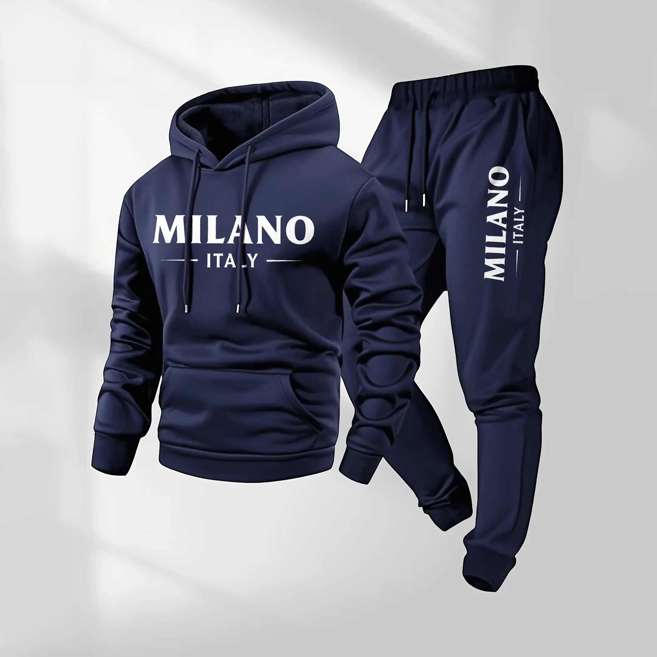 Men's Casual 2-Piece Workout Set, Loose-Fit Polyester Hoodie and Sweatpants with Milan Letter Print, Athletic Tracksuit