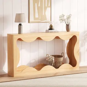 63" Farmhouse Console Table with Scalloped Design, Narrow Entryway Sofa Table with Storage for Hallway