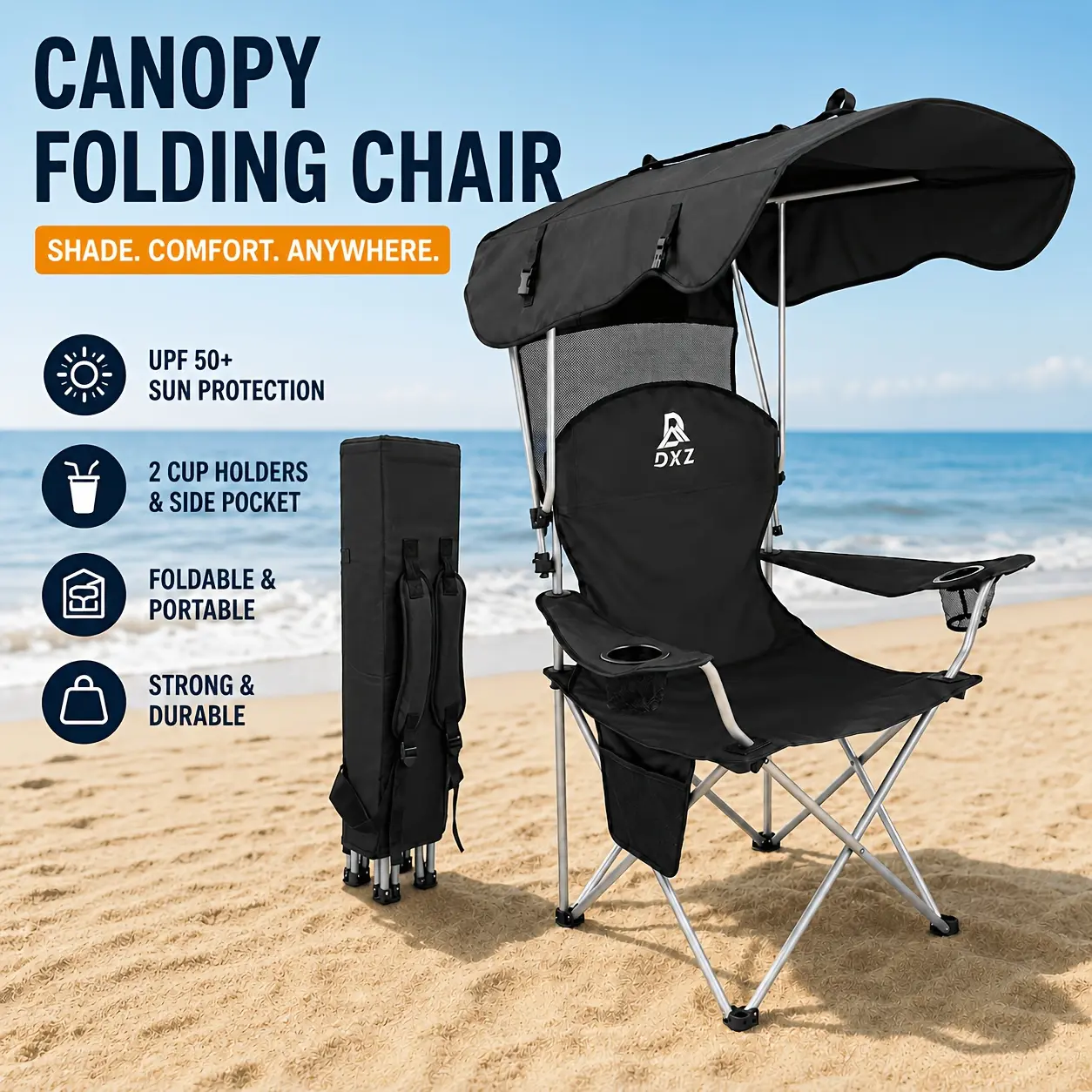 Oversized Outdoor Folding Chair with Adjustable Canopy Sunshade, Portable Camping Chair for Adults with Cup Holder And Carry Bag, Comfortable Beach Chair, Lawn Chair, Fishing Chair, Sports Event Seat for Camping, Backyard, And Outdoor Activities