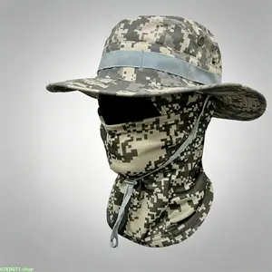 Woodland Camo Bucket Hat with Detachable Neck Gaiter Face Mask, Quick-Dry Breathable UV Protection Wind-Resistant Outdoor Headwear for Fishing, Hiking, Camping