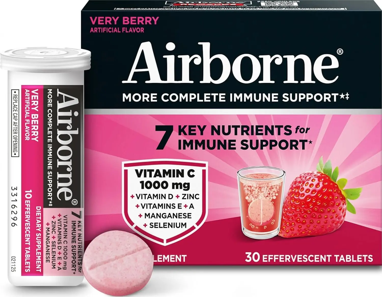 Immune Support Effervescent Tablets, Very Berry Flavor - 30ct, 1000mg Vitamin C, Vitamins A/D/E, Zinc, Selenium, Manganese, Herbal Blend - Sugar-Free, Gluten-Free