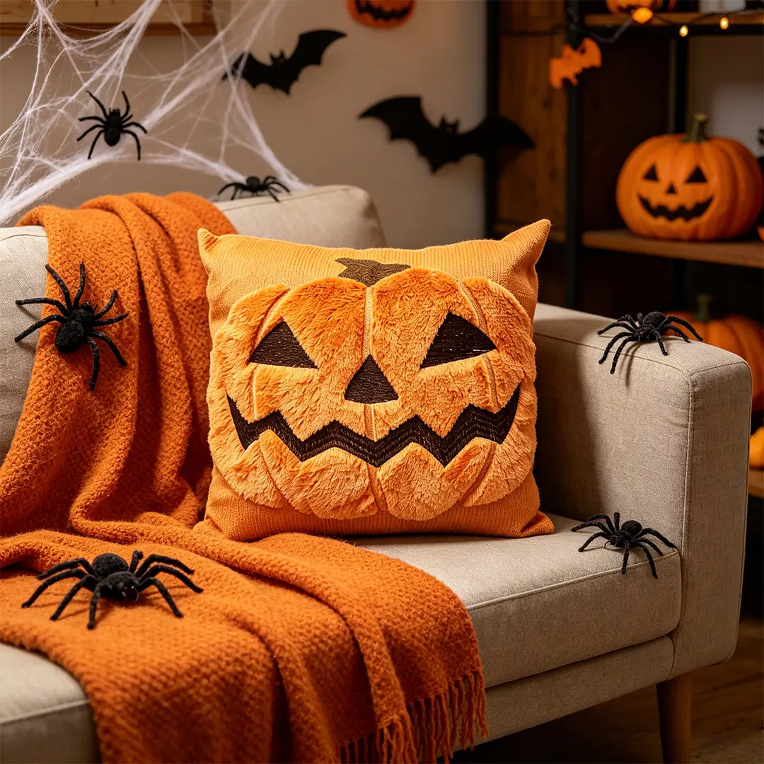 3D Pumpkin Demon Embroidery Halloween Throw Pillow with soft textured feel. Spooky home decor for sofa, bedroom & living room, great for fall Halloween parties and gifting. Its excellent quality will surprise you at first experience.