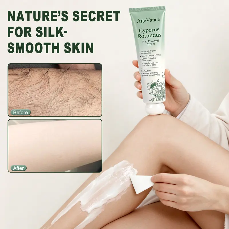 AgeVance Unisex Intimate & Full Body Hair Removal Cream - 5-Min Fast Action, Dermatologist Tested, Vegan, Plant Extracts, Silky, Sensitive-Safe, Unscented Hair Depilatories, Cyperus Oil, Aloe Soothing, Animal By-Product Free Daily Care for Smooth Legs