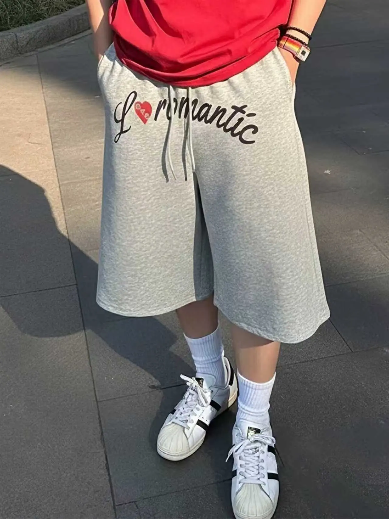Grey Romantic Script Red Heart Long Drawstring Basketball ShortsMinimal Soft Street Summer Staple