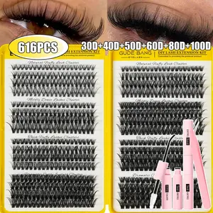 616Pieces Dense Eyelash Clusters,With glue, forceps, and degluing solution， High Capacity Eyelash Box 30D+40D+50D+60D+80D+100D D, Curled Cluster Eyelashes Extension, Dramatic Lashes, 8-16mm Dense Eyelash Clusters Suitable For Beginners, Eyelash Clusters
