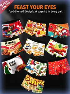 Men's Cartoon Graffiti Print Boxer Briefs, Random 3-Pack, Trendy Underwear for Snack Lovers, European and American Style
