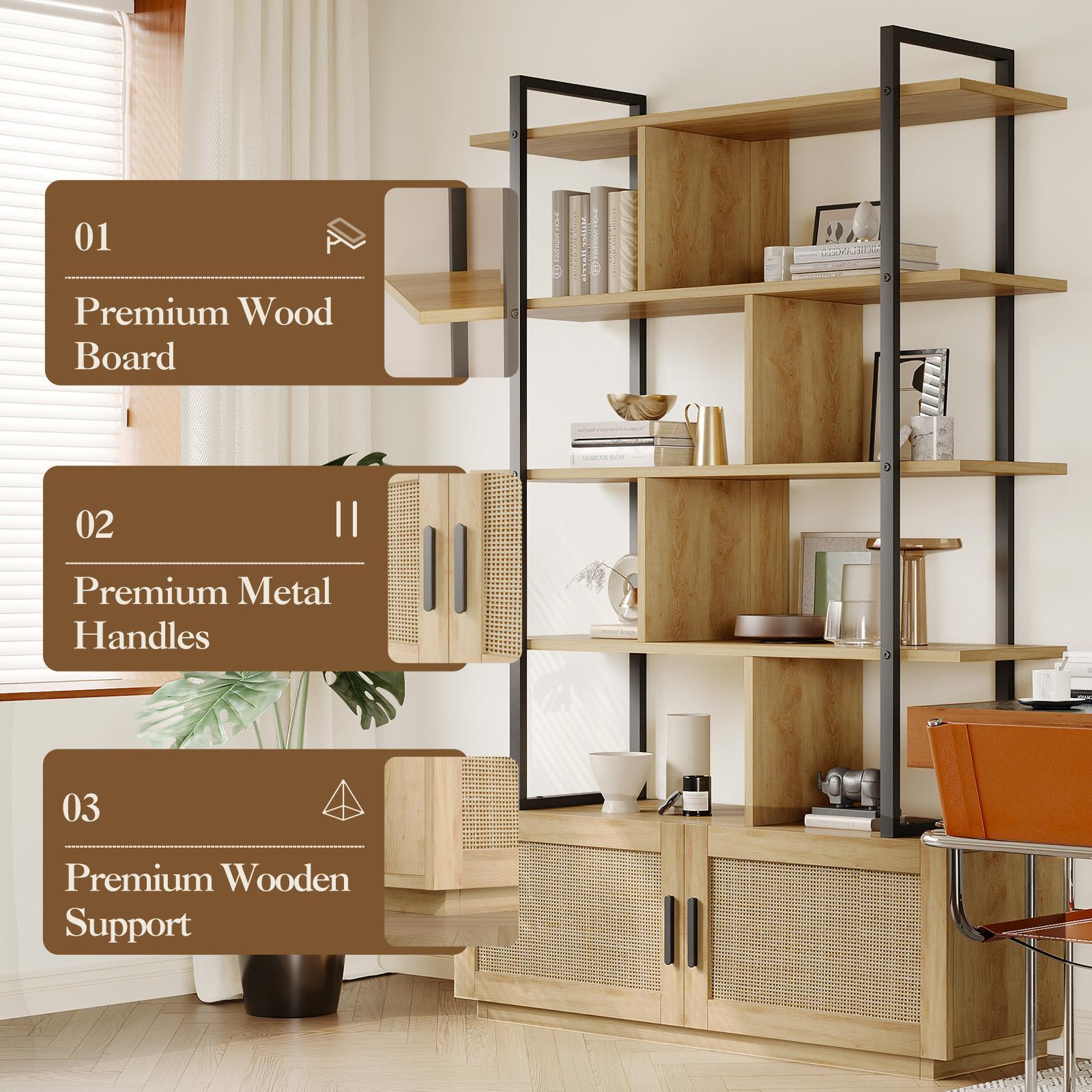 71.1" Tall 5-Tier Rattan Bookshelf with Cabinet Doors, Large Farmhouse Wooden Bookcase with 7 Open Shelves, Modern Storage Organizer for Living Room & Home