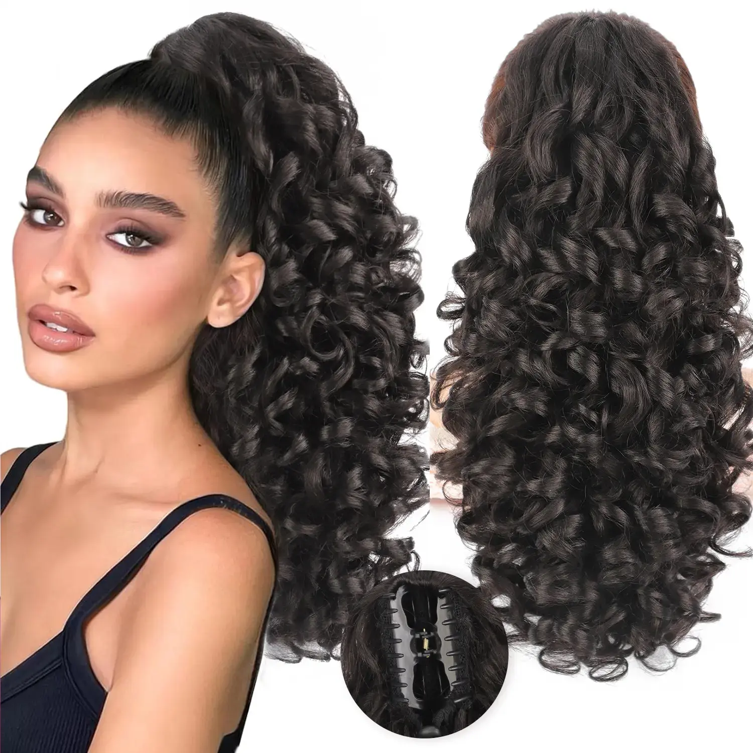 AISI HAIR 20in Synthetic Heat-Resistant Ponytail Extension, Classic Loose Curly Wavy Claw Clip Hair Piece for Women, Synthetic Hair Piece