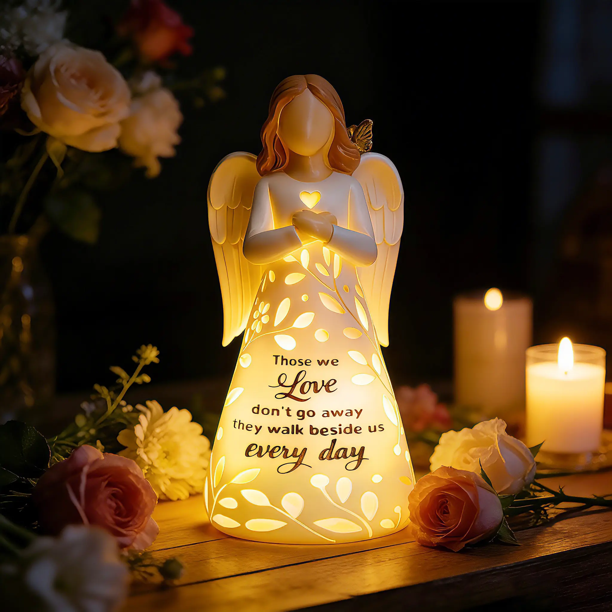 Light-Up Guardian Angel Figurine with Remote - Home Decor Statue for Adults, Memorial Gift, Bedside Tables Decor to Light Up Your Space (No Batteries Included), Sympathy
