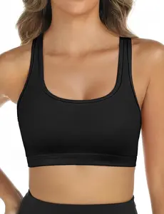 Womens Seamless Ribbed Longline High Neck Sports Bra - Racerback Padded Slim Fit Crop Tank Top with Built in Bra Black