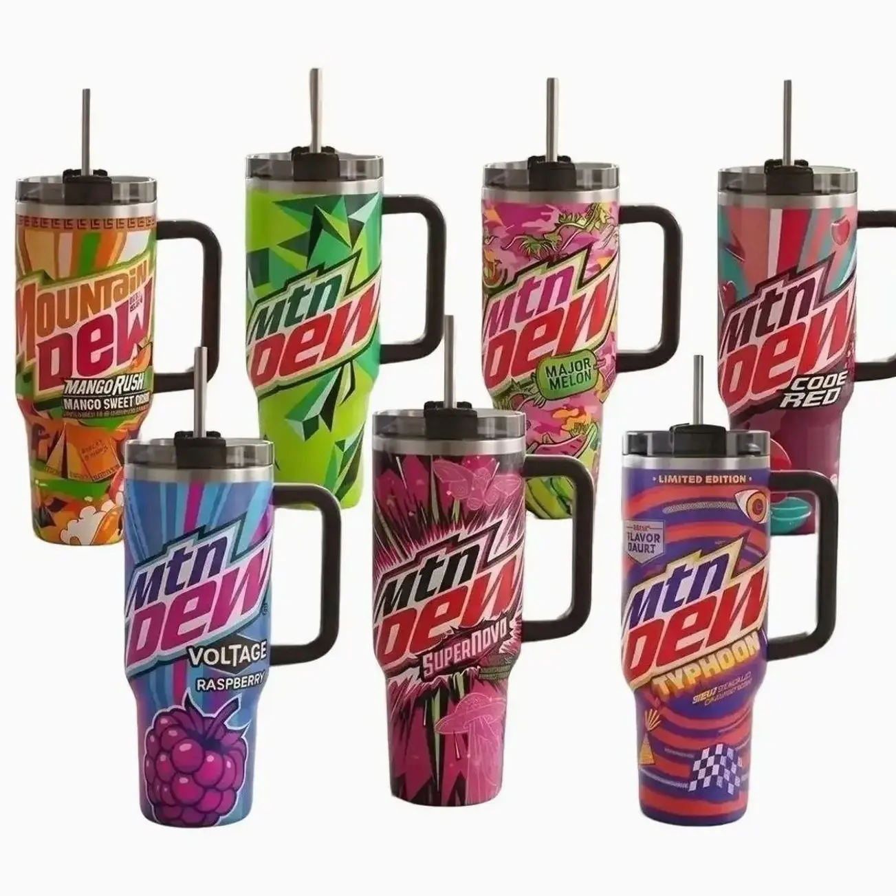 Mtn Dew 40oz Tumbler With Handle, Colorful Soda Flavor Graphic Insulated Stainless Steel Travel Cup With Straw, Water Bottle, Daily Use
