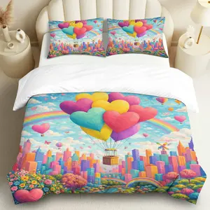 3PCS Duvet Cover Set, 1 Duvet+2 Pillowcases(Without filler), ColorfulHeart Balloon Rainbow Sky Fantasy theme, Valentine's Day bedding set, Colorful Romantic Fantasy Dreamy Vibrant Suitable for decoration bedroom living room guest room dormitory.