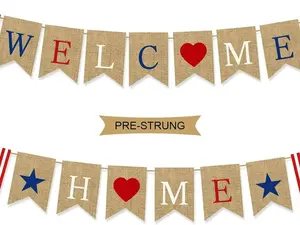 Pre-Strung Welcome Home Banner, Burlap Patriotic Welcome Home Decorations for Army Navy Marines Air Force Homecoming Decoration