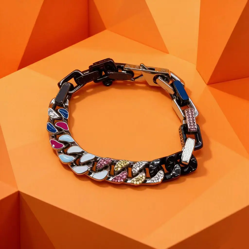Colorful graffiti-pasted metal thick chain men's and women's fashion trendy and versatile personalized cuff bracelet with color-coordinated diamond-studded cuff bracelet