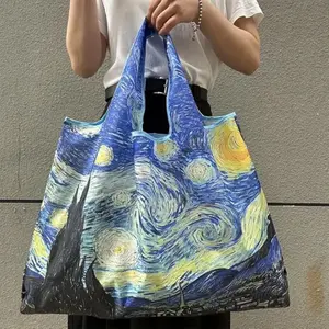 Large Capacity Foldable Shopping Bag, Lightweight Oil Painting Style, Hand Washable Reusable Gym Bag, Durable Grocery Organizer, Reusable Folding Bags