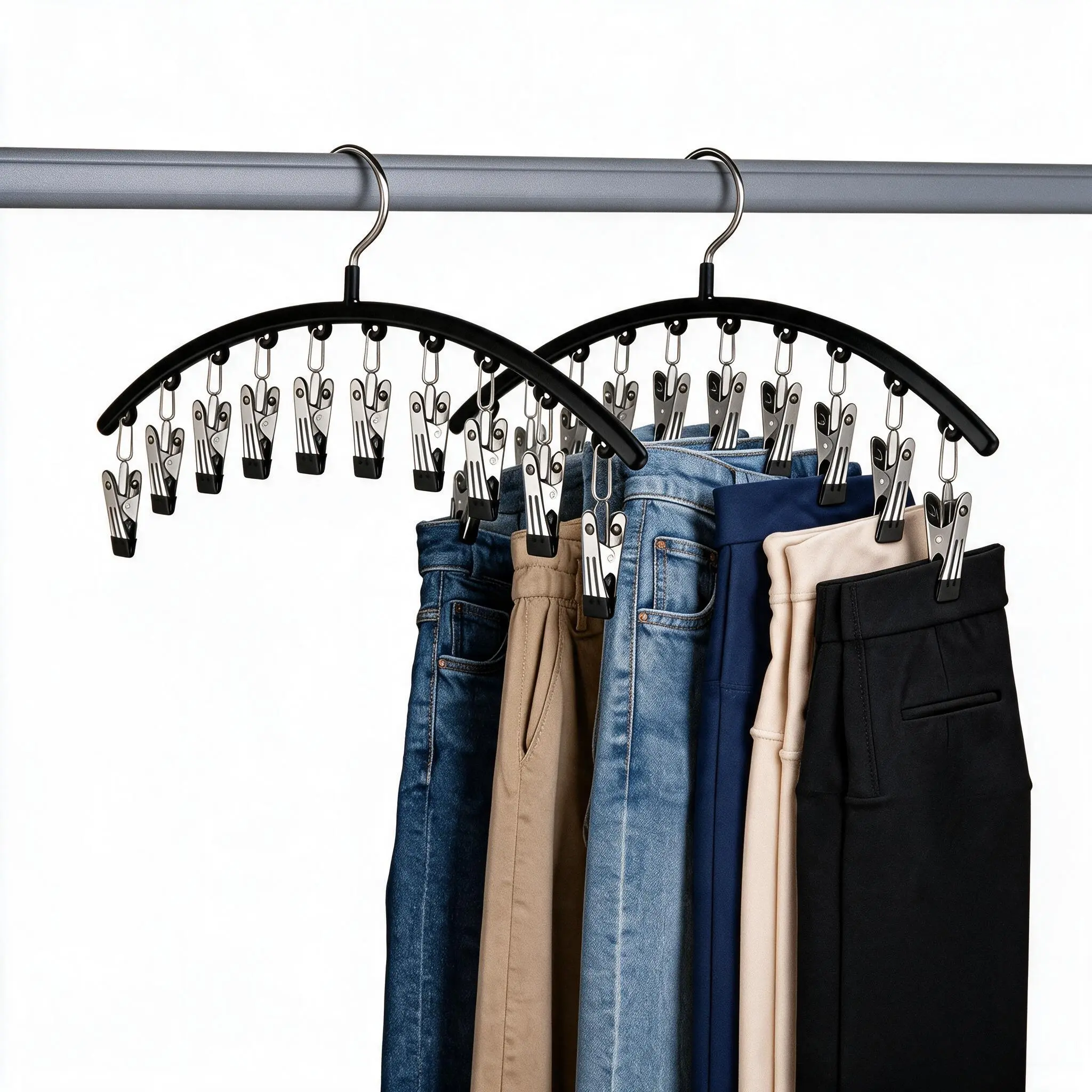 Space-Saver Closet Hanger Organizer - 10-Pack Non-Slip Metal Clothes Hangers with Clips, Yoga Pants & Skirts Hanging Solution, Space Saver Hangers